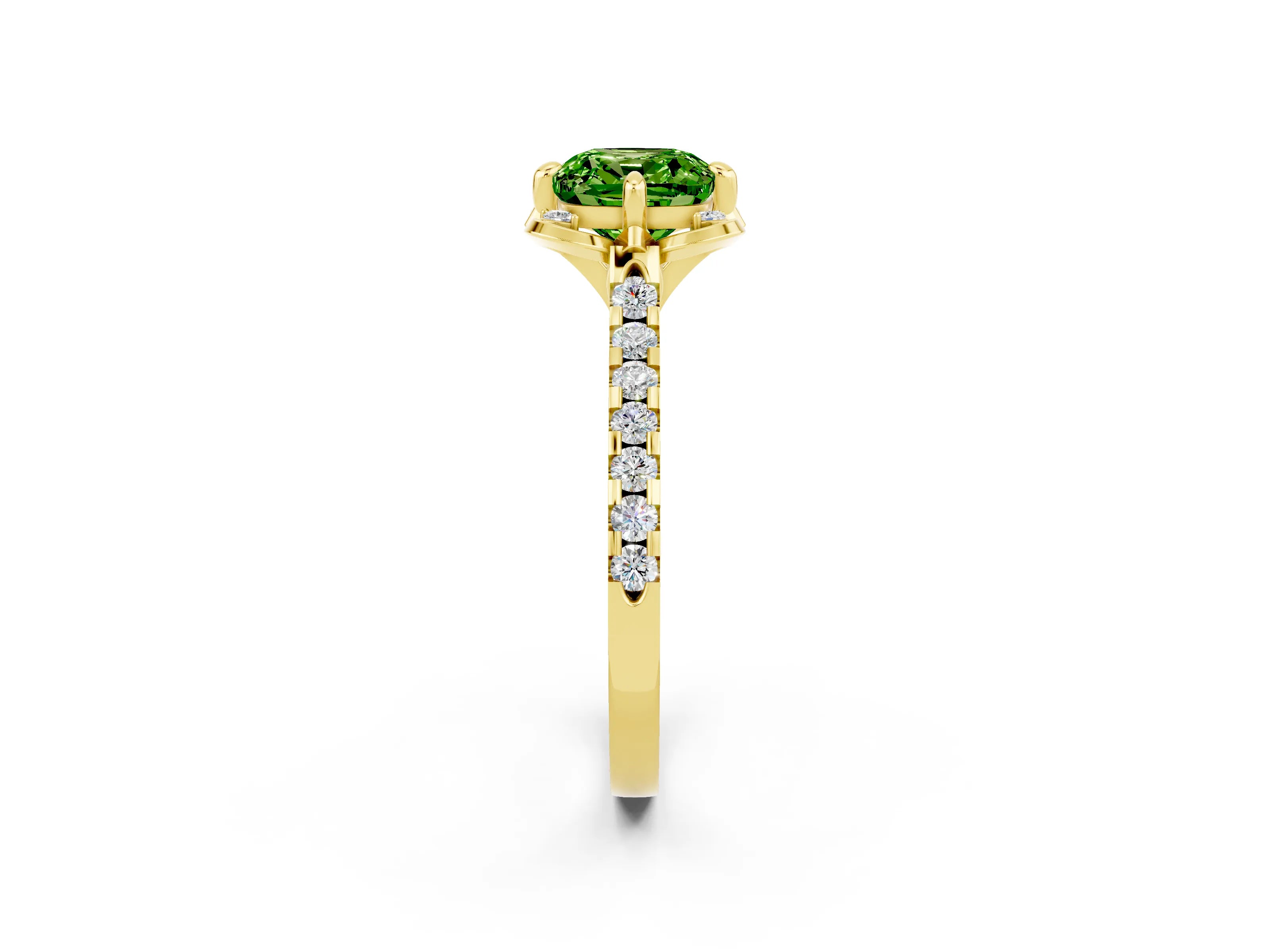 Yellow gold Cushion Cut Peridot Ring with Pavé Band and Floral Prong Setting_2