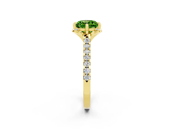 Yellow gold Cushion Cut Peridot Ring with Pavé Band and Floral Prong Setting