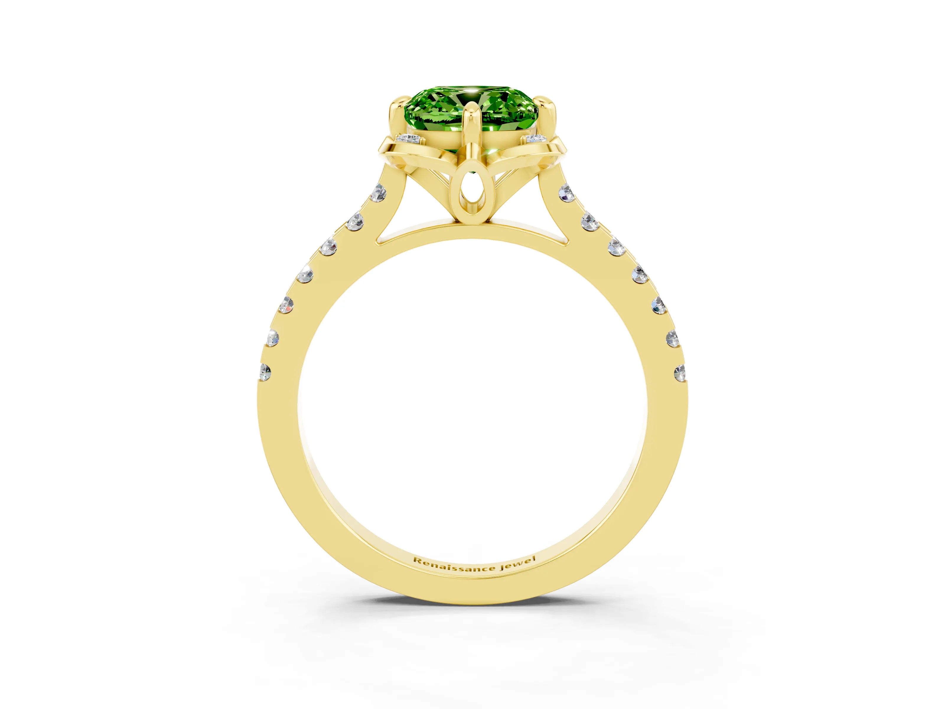 Yellow gold Cushion Cut Peridot Ring with Pavé Band and Floral Prong Setting_3