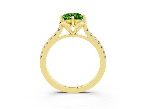 Yellow gold Cushion Cut Peridot Ring with Pavé Band and Floral Prong Setting