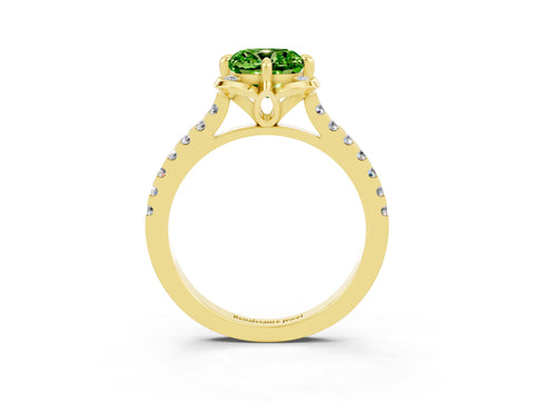 Yellow gold Cushion Cut Peridot Ring with Pavé Band and Floral Prong Setting_3