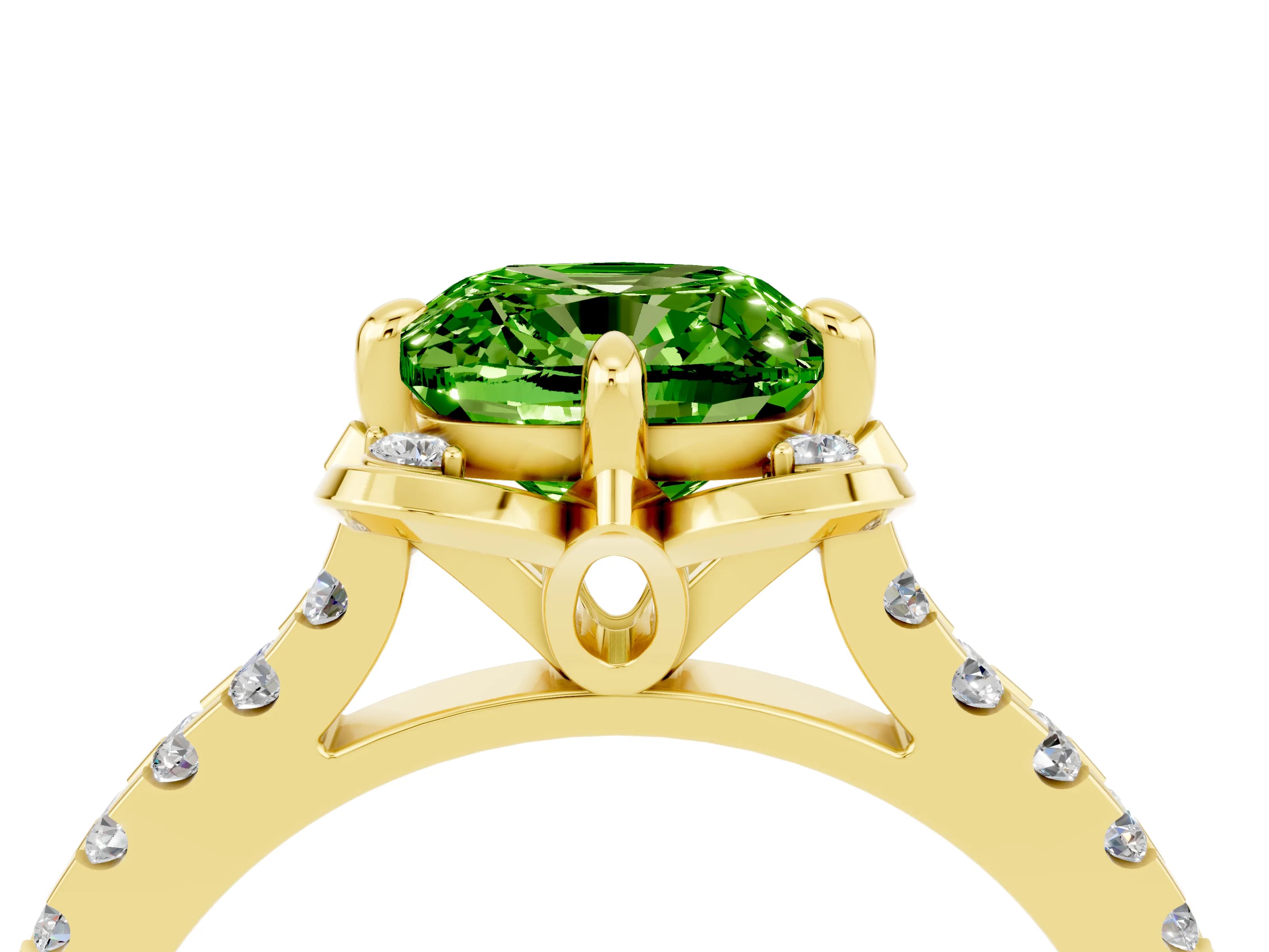 Yellow gold Cushion Cut Peridot Ring with Pavé Band and Floral Prong Setting_4