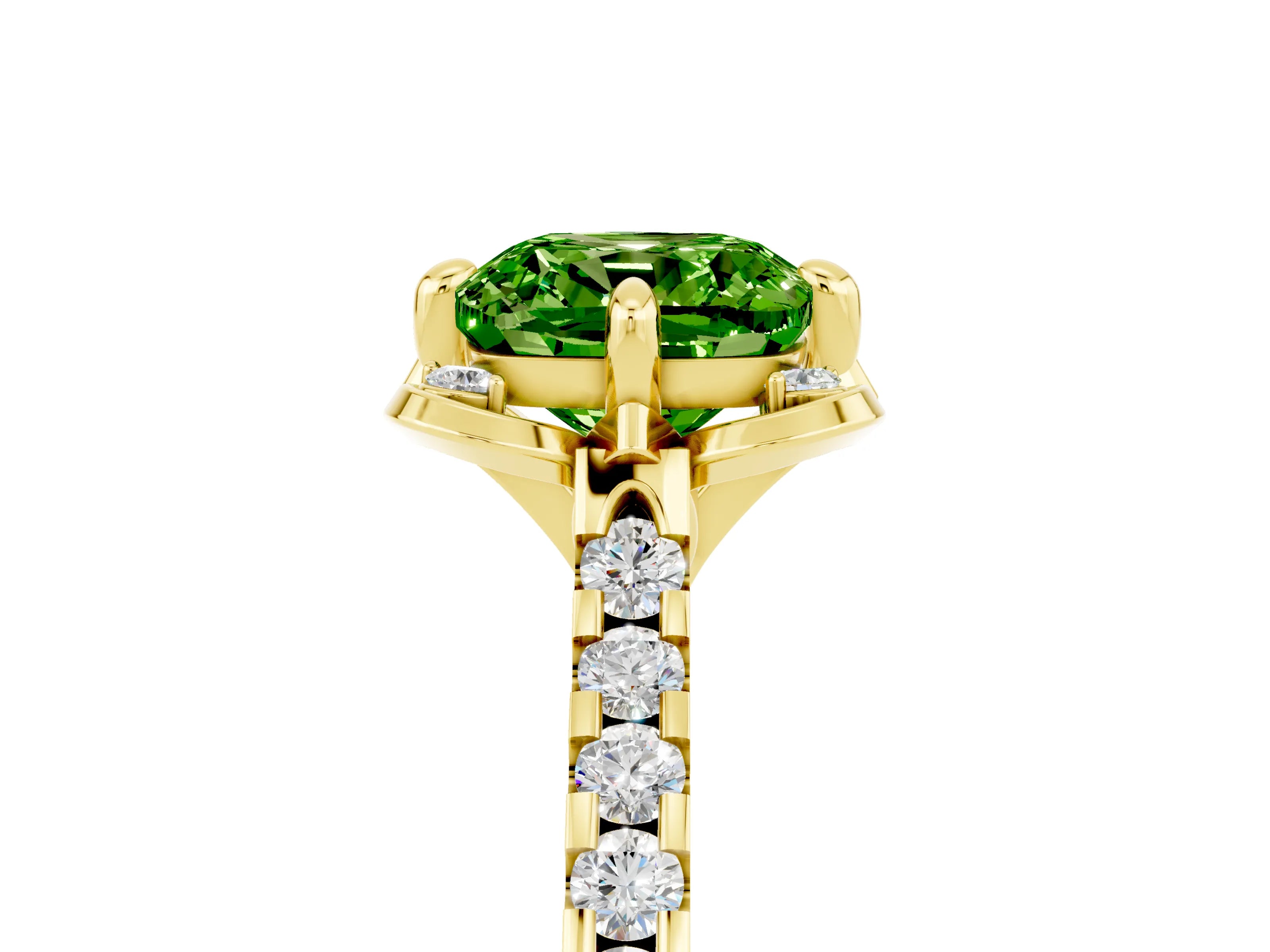 Yellow gold Cushion Cut Peridot Ring with Pavé Band and Floral Prong Setting_5