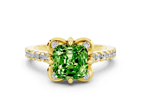 Yellow gold Cushion Cut Peridot Ring with Pavé Band and Floral Prong Setting
