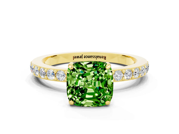 Yellow gold Cushion Cut Peridot Pavé Engagement Ring with Round  Accents and Prong Setting