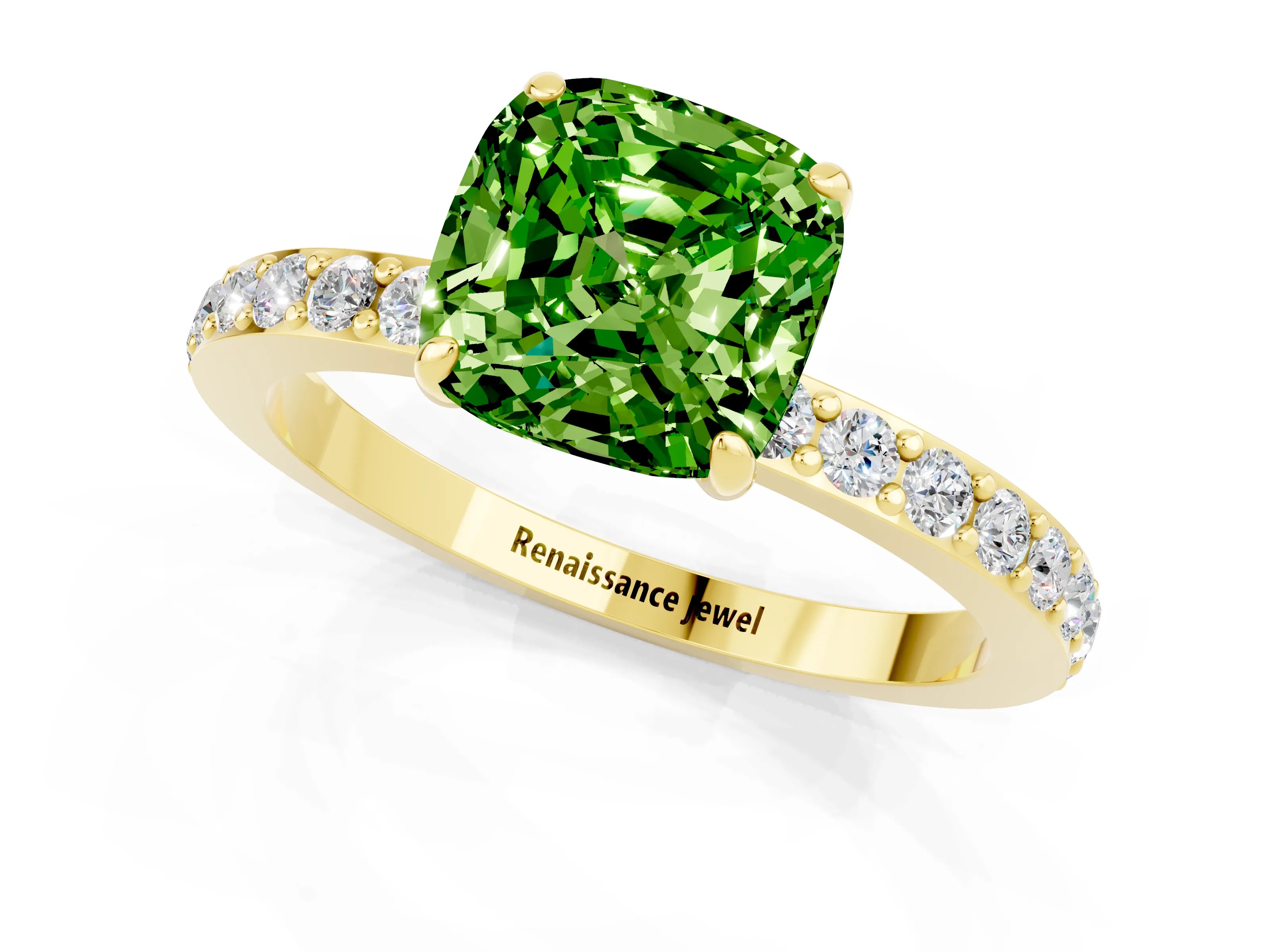 Yellow gold Cushion Cut Peridot Ring with Pavé Band and Four-Prong Setting_1