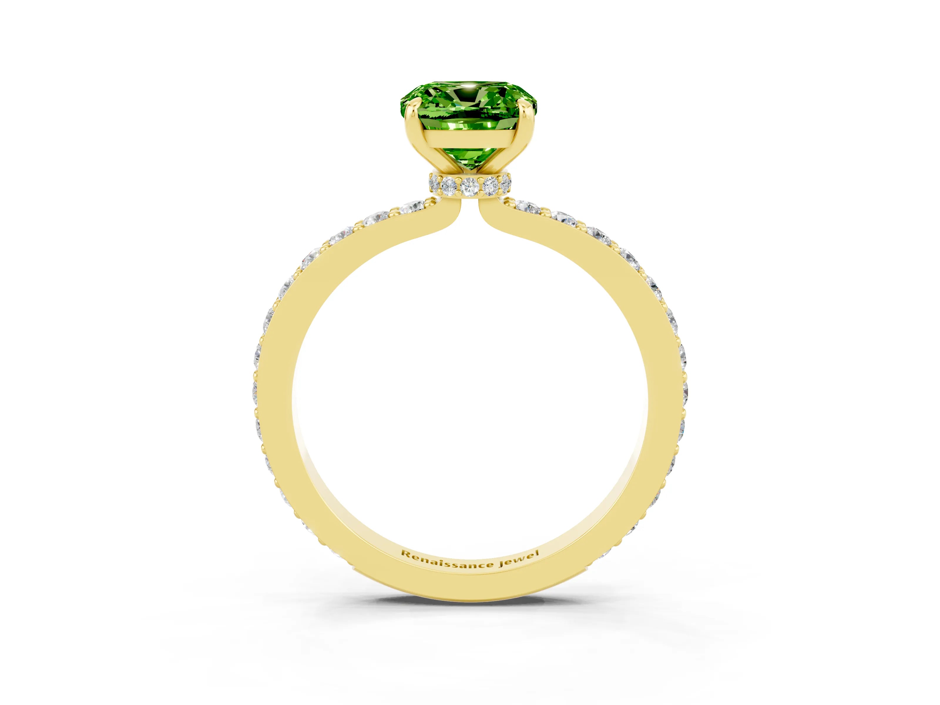 Yellow gold Cushion Cut Peridot Ring with Pavé Band and Four-Prong Setting_3