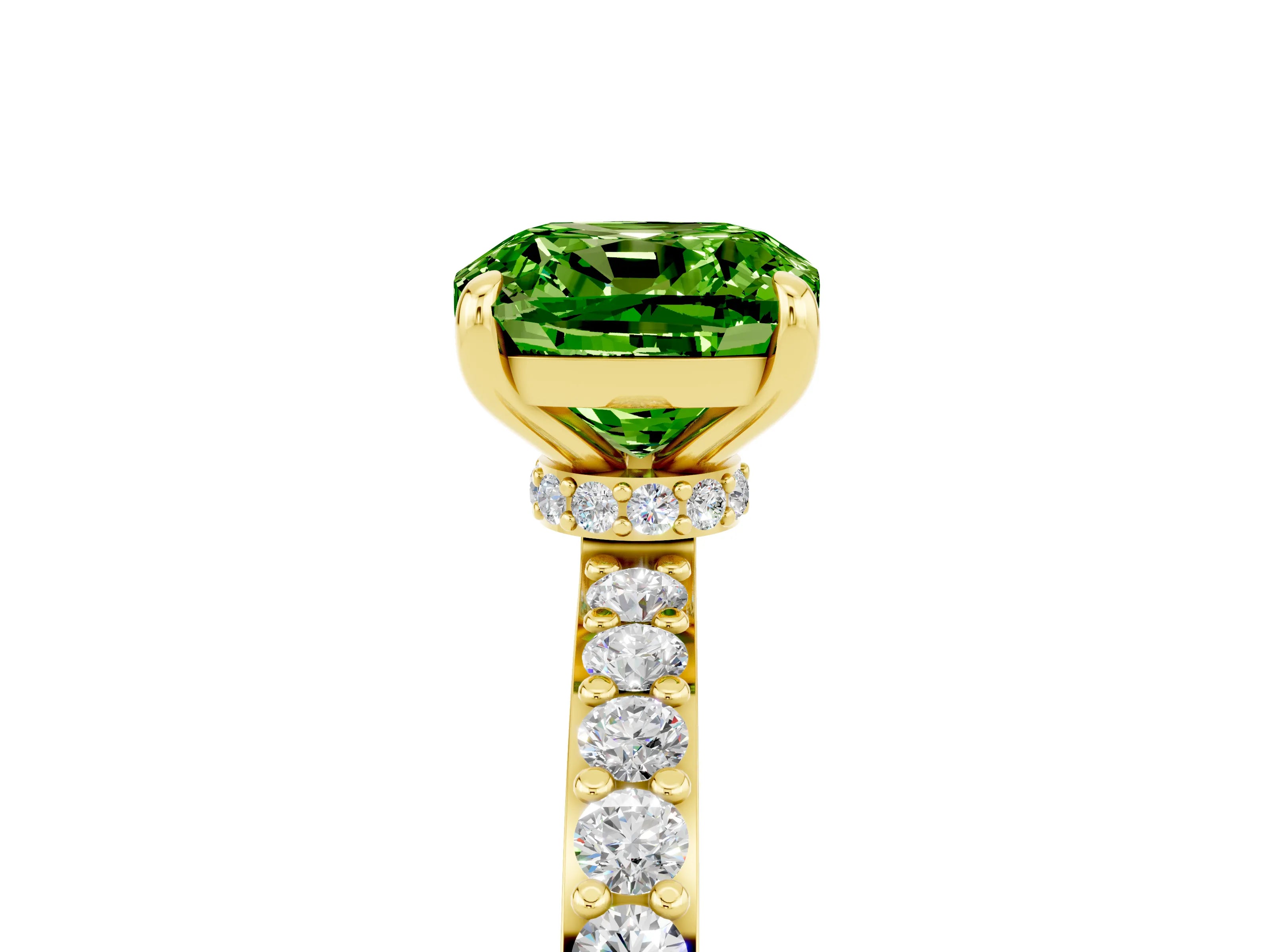 Yellow gold Cushion Cut Peridot Ring with Pavé Band and Four-Prong Setting_5