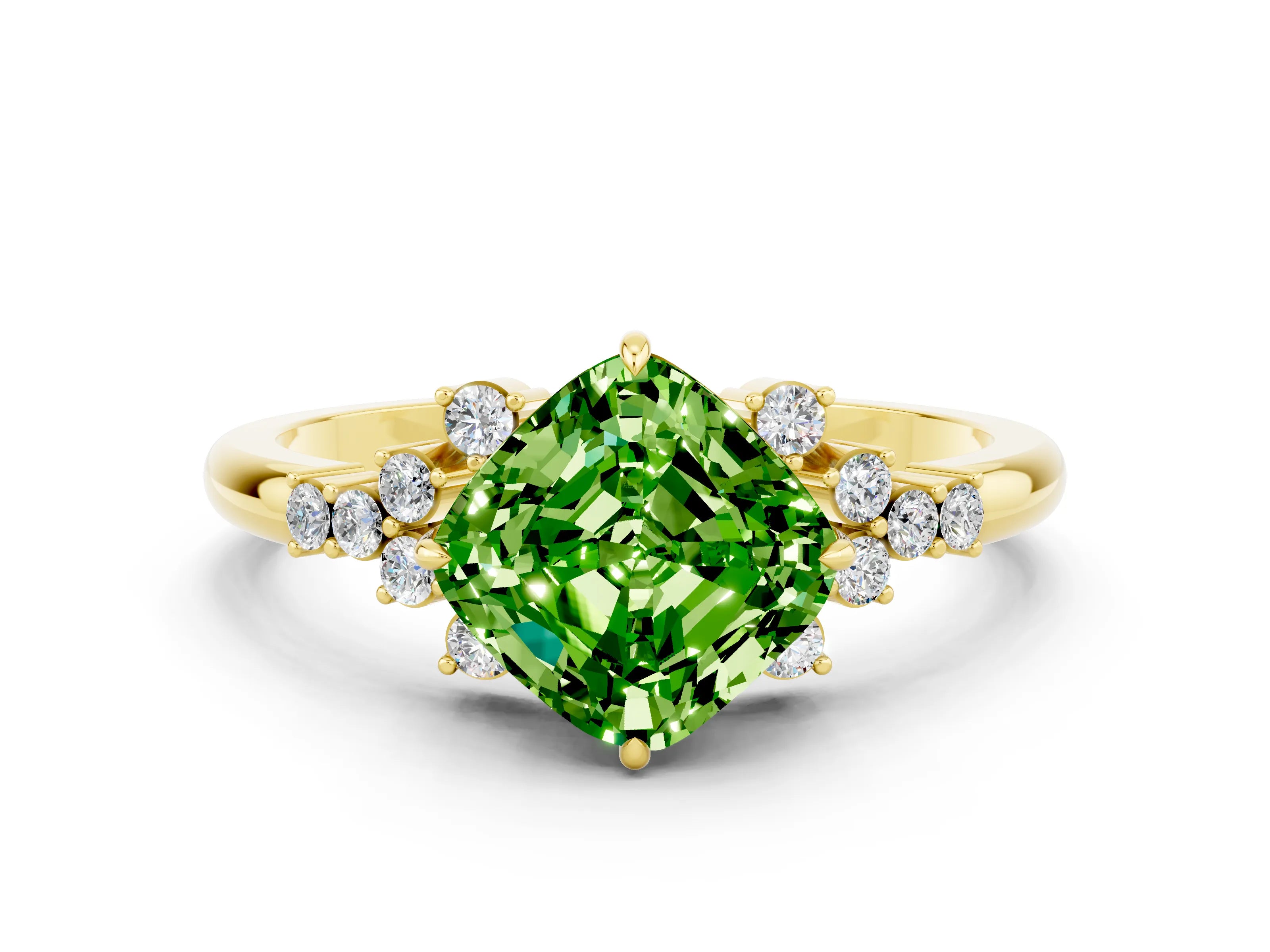 Yellow gold Cushion Cut Peridot Ring with Side Stones and Four-Prong Setting_36