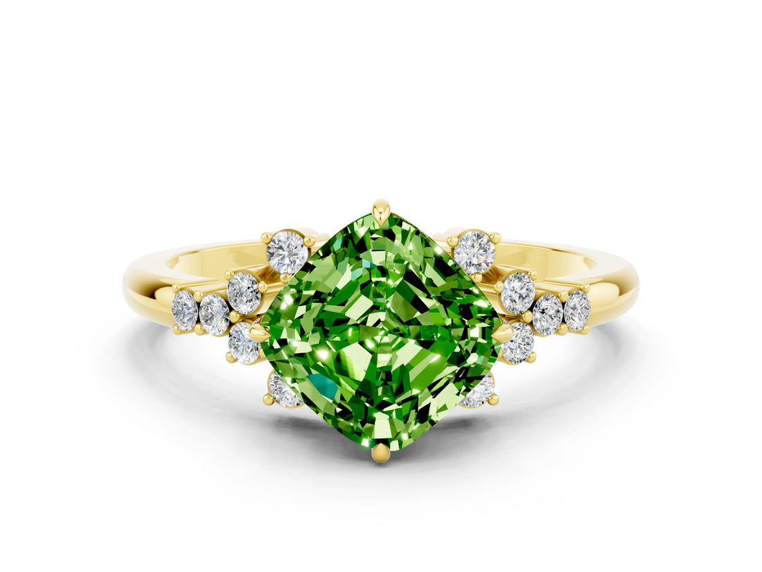 Yellow gold Cushion Cut Peridot Ring with Side Stones and Four-Prong Setting_36