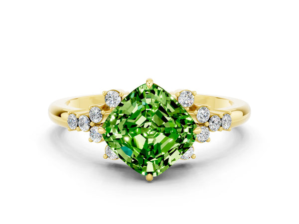 Yellow gold Cushion Cut Peridot Ring with Side Stones and Four-Prong Setting