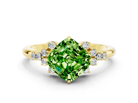 Yellow gold Cushion Cut Peridot Ring with Side Stones and Four-Prong Setting_36