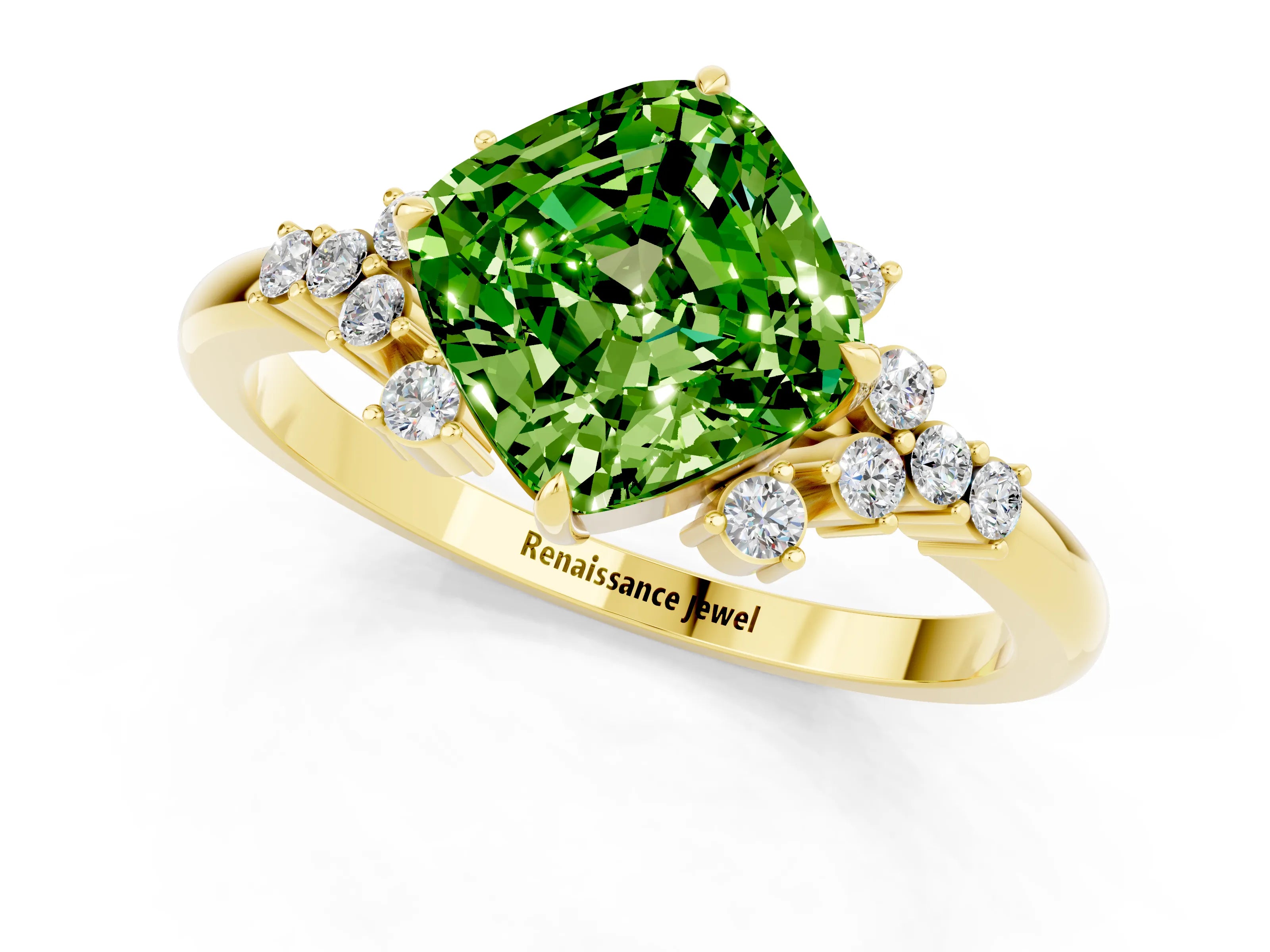 Yellow gold Cushion Cut Peridot Ring with Side Stones and Four-Prong Setting_37