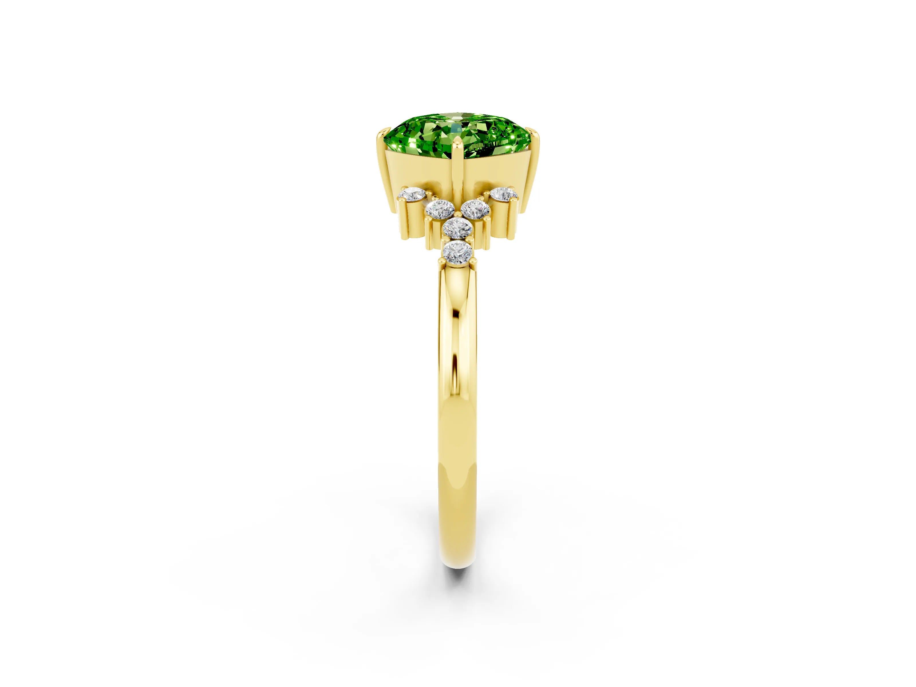 Yellow gold Cushion Cut Peridot Ring with Side Stones and Four-Prong Setting_38