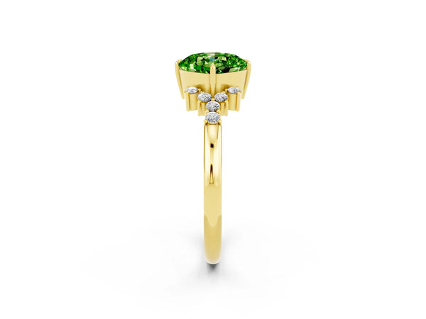 Yellow gold Cushion Cut Peridot Ring with Side Stones and Four-Prong Setting