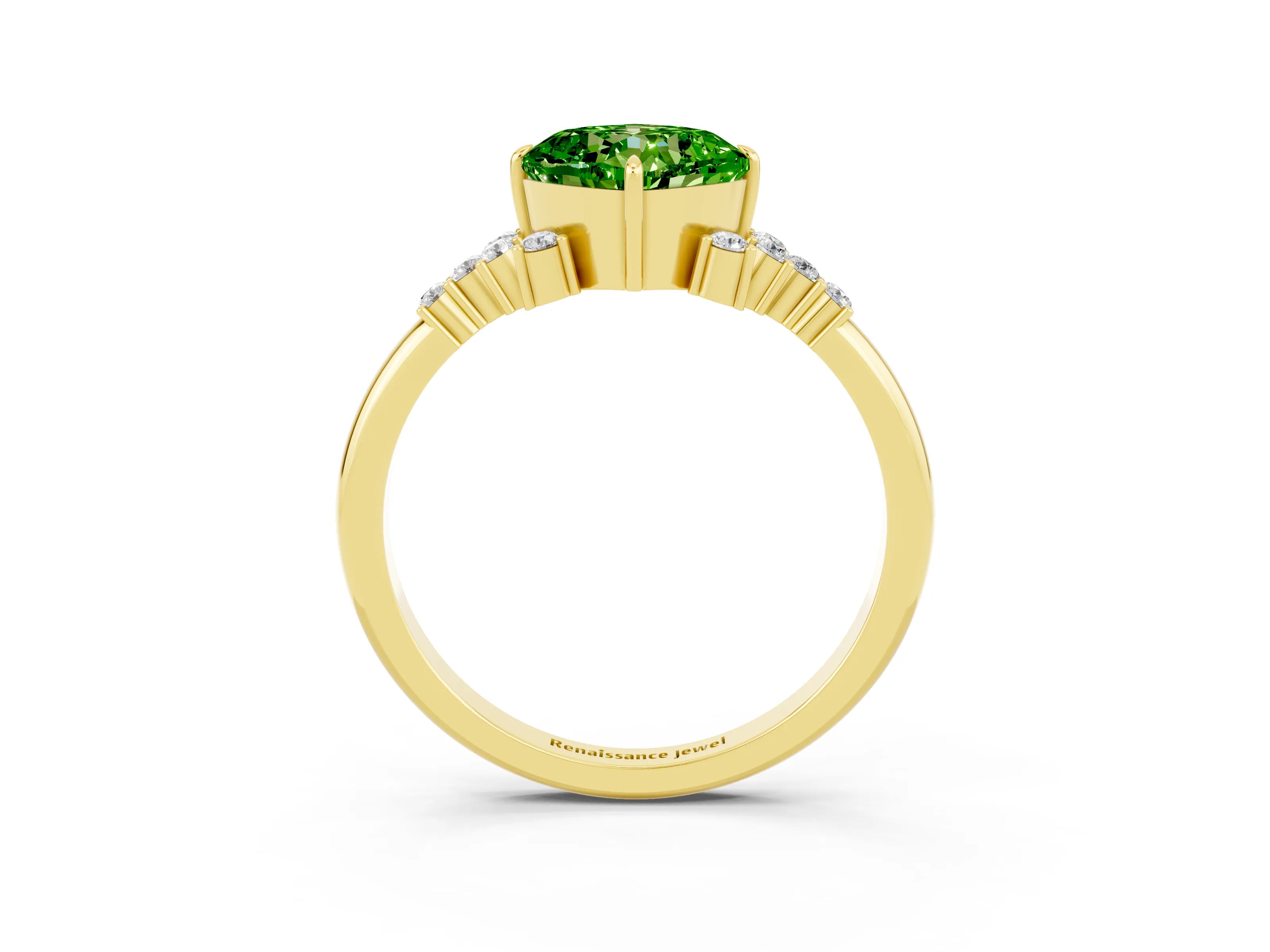 Yellow gold Cushion Cut Peridot Ring with Side Stones and Four-Prong Setting_39