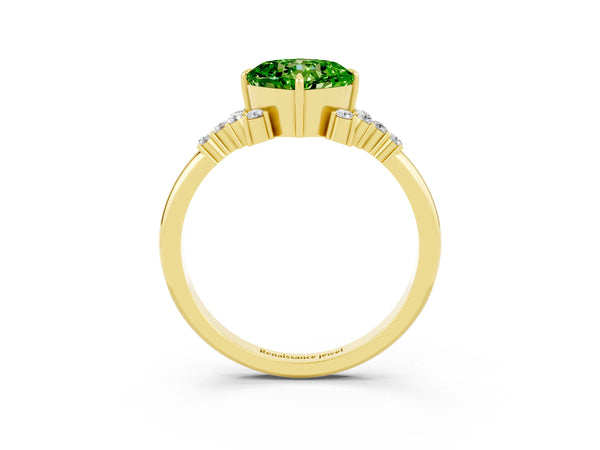 Yellow gold Cushion Cut Peridot Ring with Side Stones and Four-Prong Setting