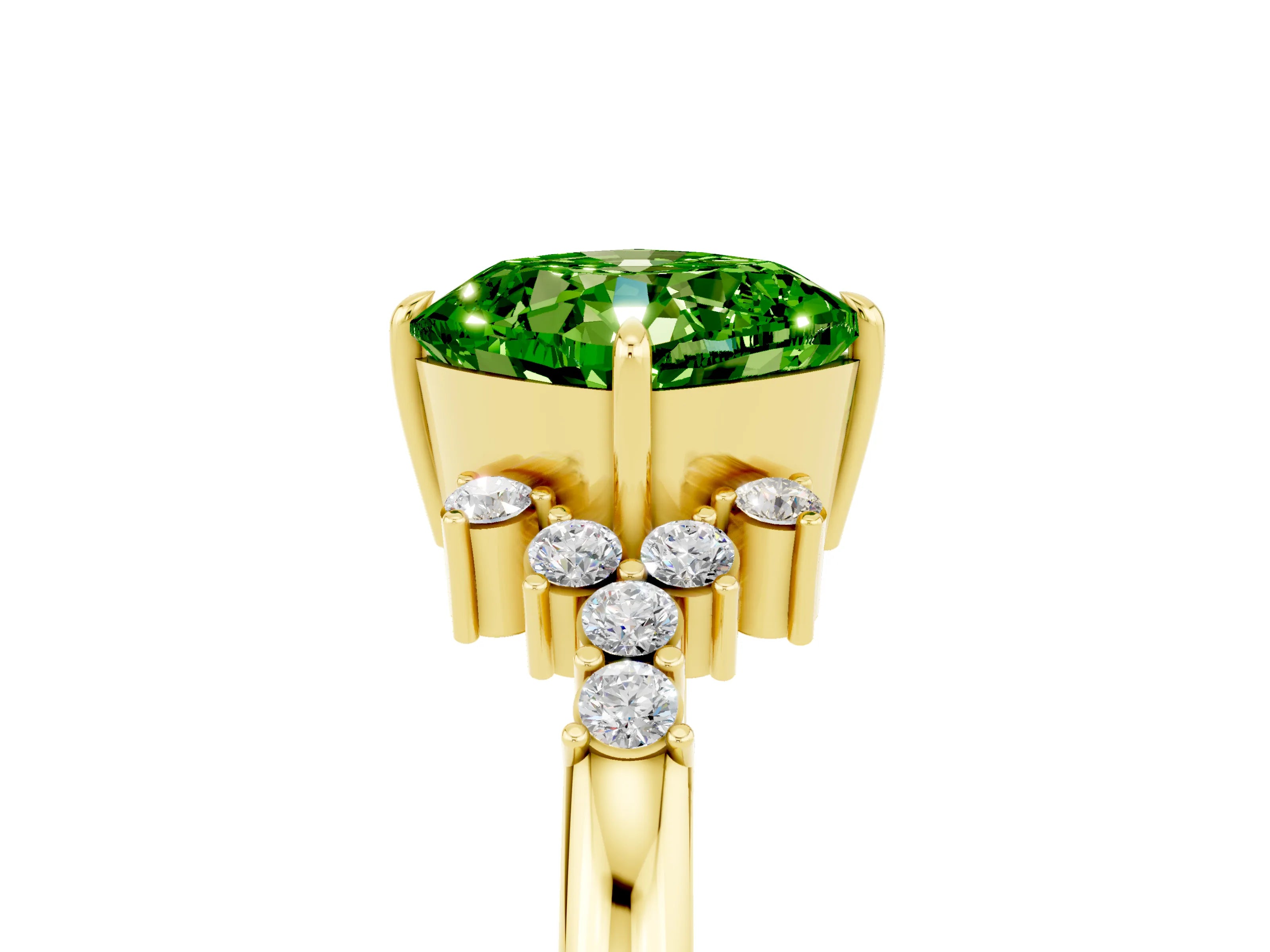 Yellow gold Cushion Cut Peridot Ring with Side Stones and Four-Prong Setting_41