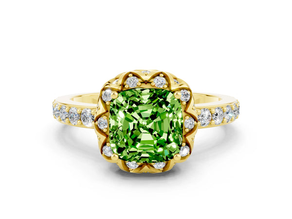 Yellow gold Cushion Cut Peridot Scalloped Halo Engagement Ring with Round Shared Prong Band