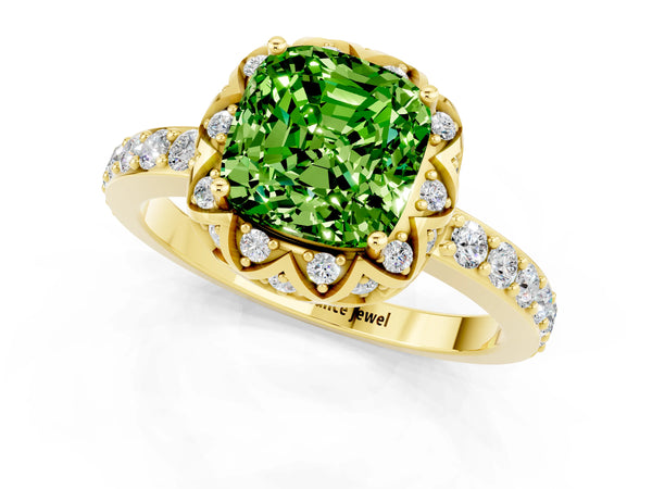 Yellow gold Cushion Cut Peridot Scalloped Halo Engagement Ring with Round Shared Prong Band