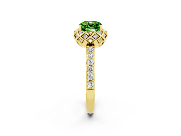 Yellow gold Cushion Cut Peridot Scalloped Halo Engagement Ring with Round Shared Prong Band