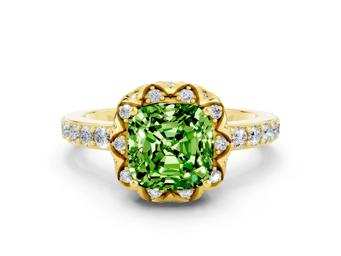 Yellow gold Cushion Cut Peridot Scalloped Halo Engagement Ring with Round Shared Prong Band_24