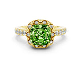 Yellow gold Cushion Cut Peridot Scalloped Halo Engagement Ring with Round Shared Prong Band_24