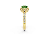 Yellow gold Cushion Cut Peridot Scalloped Halo Engagement Ring with Round Shared Prong Band_26