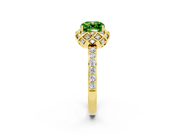 Yellow gold Cushion Cut Peridot Scalloped Halo Engagement Ring with Round Shared Prong Band