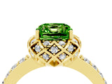 Yellow gold Cushion Cut Peridot Scalloped Halo Engagement Ring with Round Shared Prong Band_28
