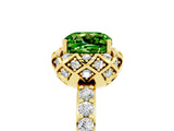 Yellow gold Cushion Cut Peridot Scalloped Halo Engagement Ring with Round Shared Prong Band_29
