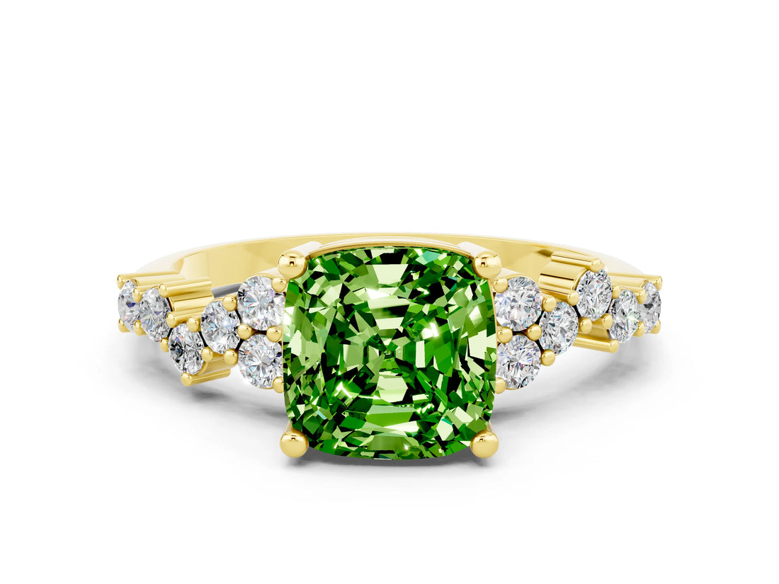 Yellow gold Cushion Cut Peridot Scattered Round Accent Ring with Prong Setting_24