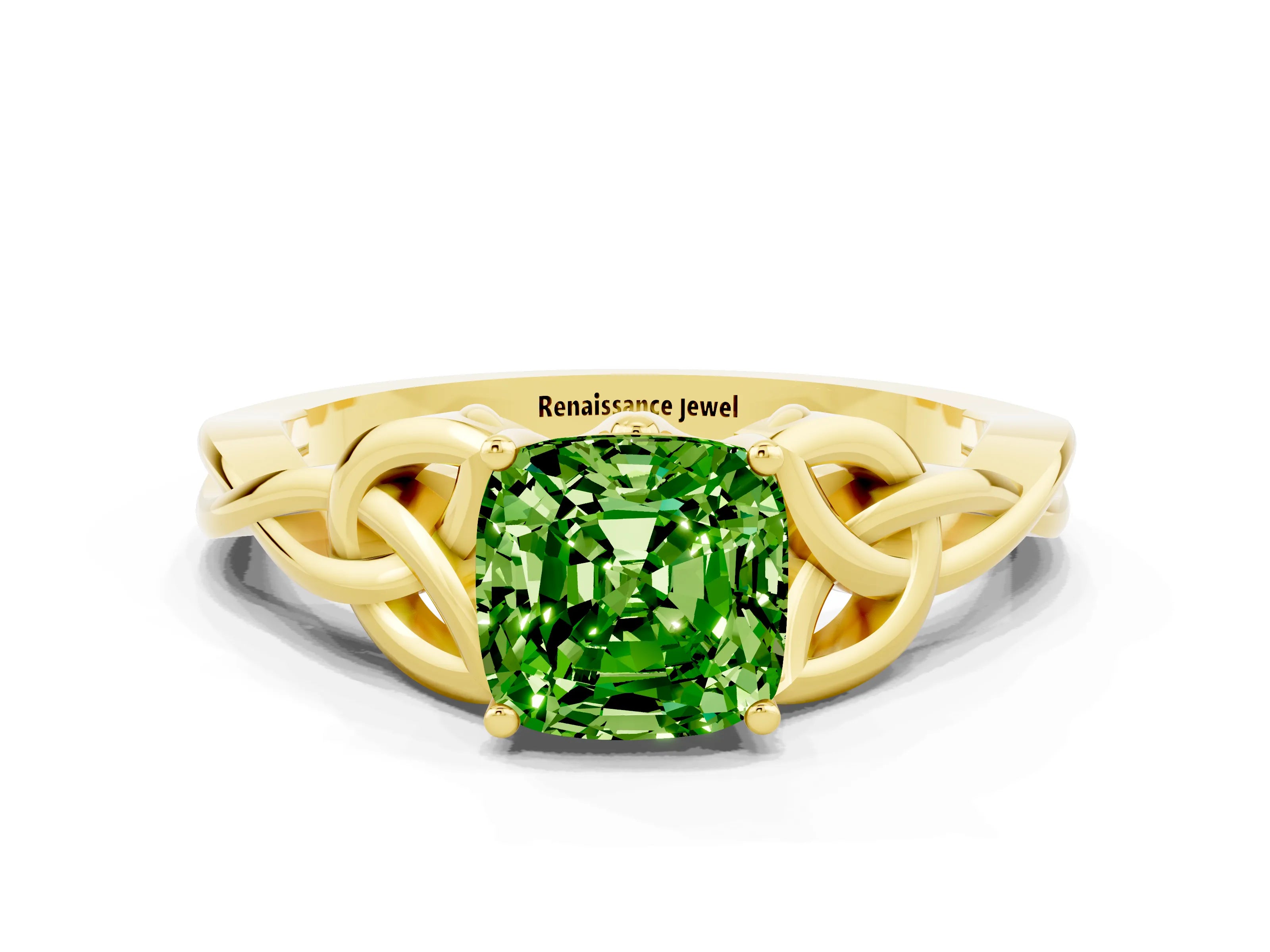 Yellow gold Cushion Cut Peridot Solitaire Celtic Knot Ring with Four-Prong Setting_12