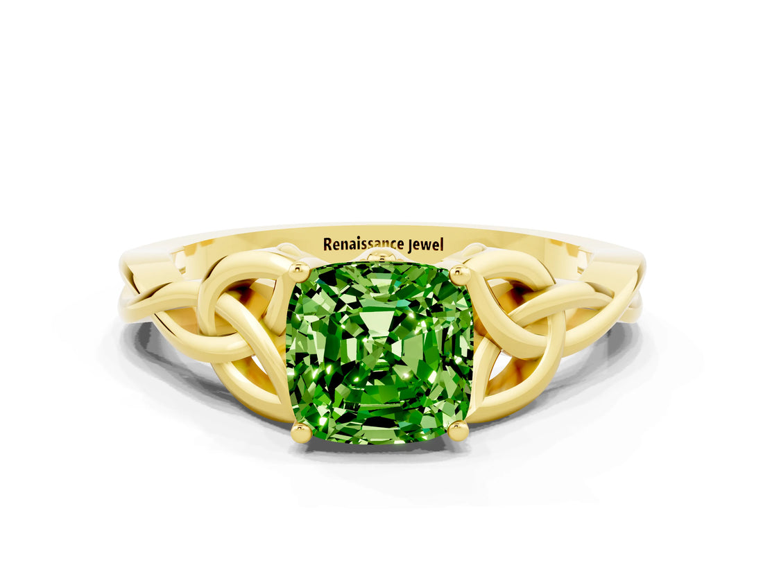 Yellow gold Cushion Cut Peridot Solitaire Celtic Knot Ring with Four-Prong Setting_12