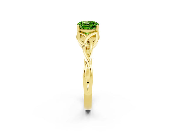 Yellow gold Cushion Cut Peridot Solitaire Celtic Knot Ring with Four-Prong Setting