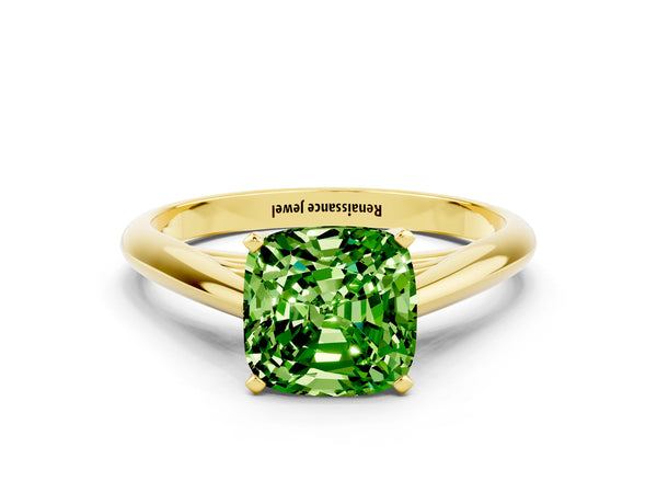Yellow gold Cushion Cut Peridot Solitaire Engagement Ring with Cathedral Setting and Four-Prong Mount