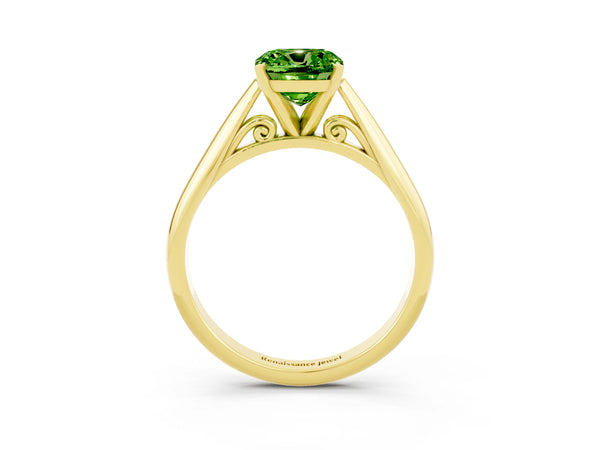 Yellow gold Cushion Cut Peridot Solitaire Engagement Ring with Cathedral Setting and Four-Prong Mount