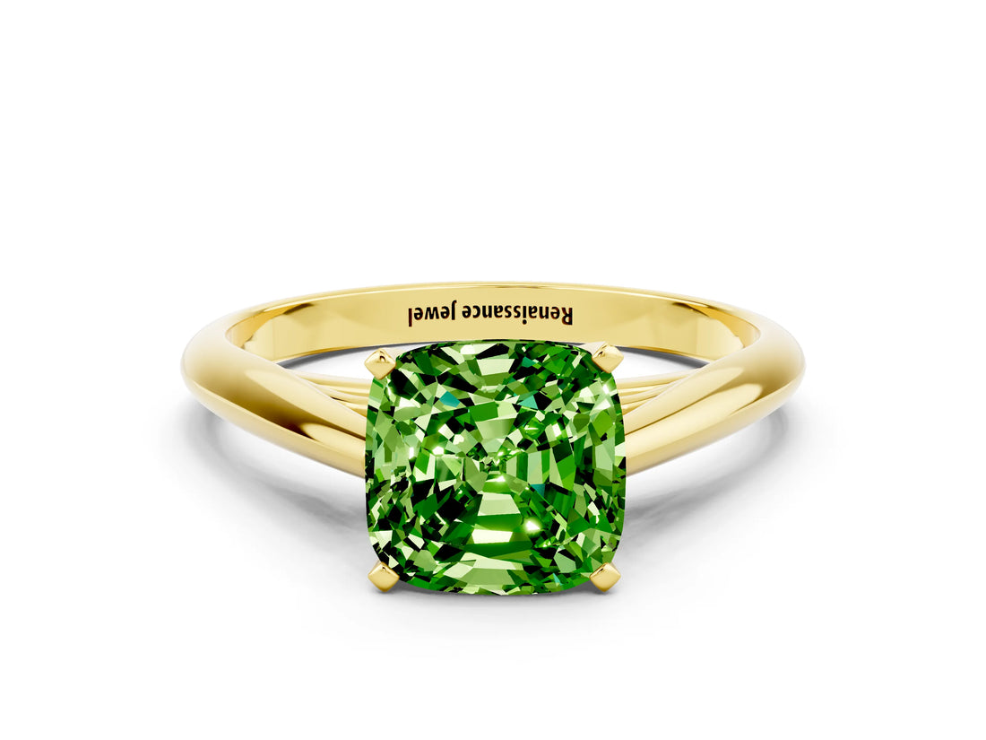 Yellow gold Cushion Cut Peridot Solitaire Engagement Ring with Cathedral Setting and Four-Prong Mount_30