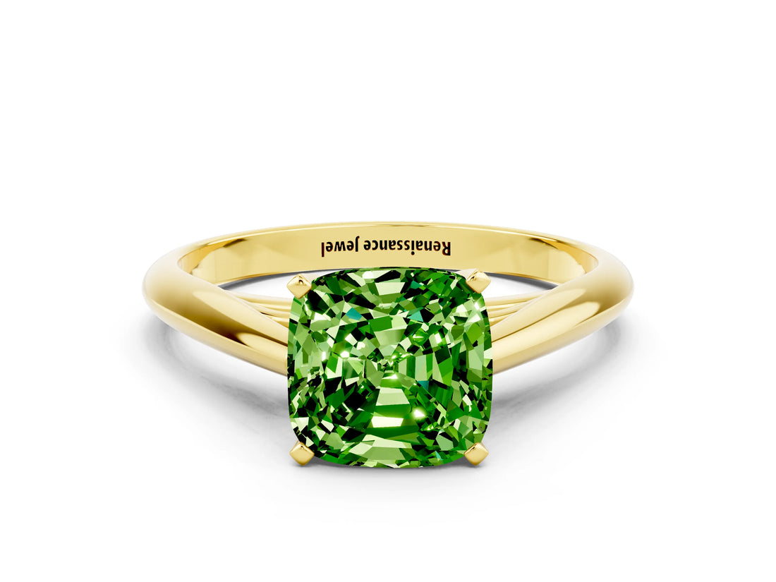 Yellow gold Cushion Cut Peridot Solitaire Engagement Ring with Cathedral Setting and Four-Prong Mount_66