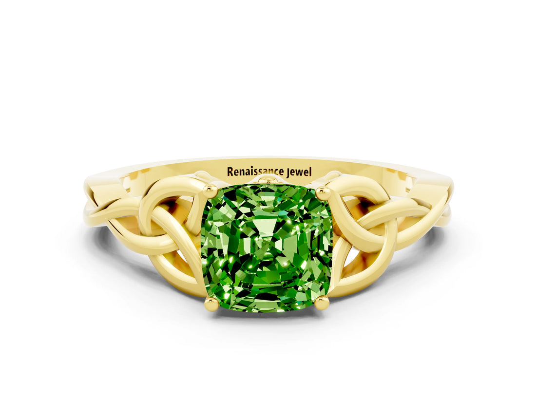 Yellow gold Cushion Cut Peridot Solitaire Engagement Ring with Celtic Knot Band and Four-Prong Setting