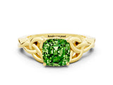 Yellow gold Cushion Cut Peridot Solitaire Engagement Ring with Celtic Knot Band and Four-Prong Setting