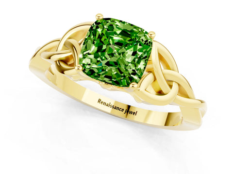 Yellow gold Cushion Cut Peridot Solitaire Engagement Ring with Celtic Knot Band and Four-Prong Setting_1