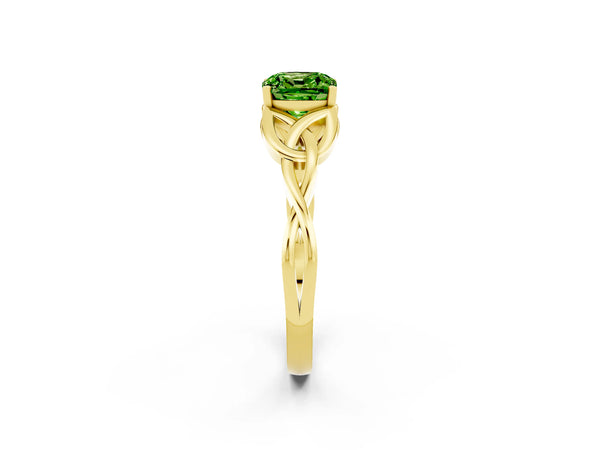 Yellow gold Cushion Cut Peridot Solitaire Engagement Ring with Celtic Knot Band and Four-Prong Setting