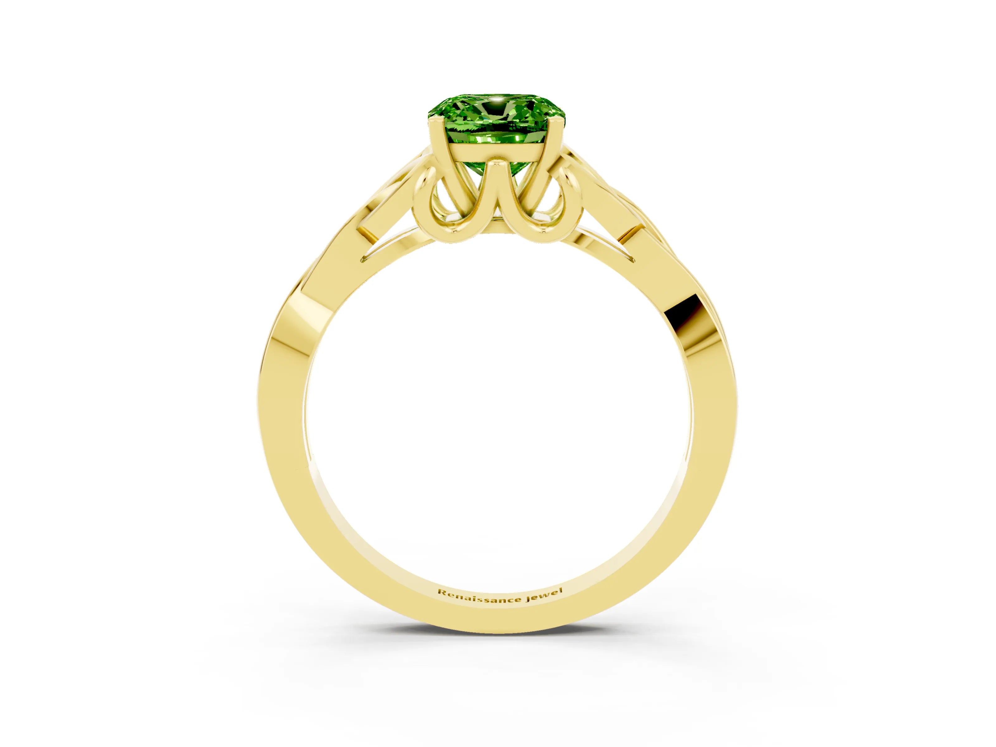 Yellow gold Cushion Cut Peridot Solitaire Engagement Ring with Celtic Knot Band and Four-Prong Setting_3