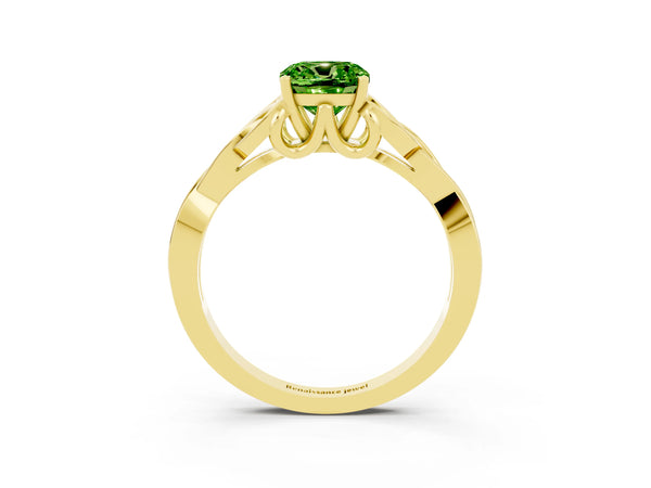 Yellow gold Cushion Cut Peridot Solitaire Engagement Ring with Celtic Knot Band and Four-Prong Setting