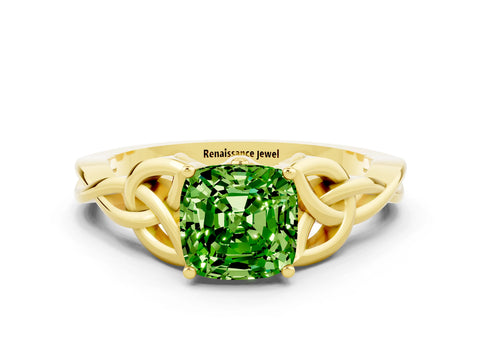 Yellow gold Cushion Cut Peridot Solitaire Engagement Ring with Celtic Knot Band and Four-Prong Setting