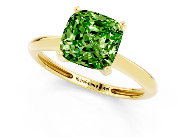 Yellow gold Cushion Cut Peridot Solitaire Engagement Ring with Classic Band and Four-Prong Setting