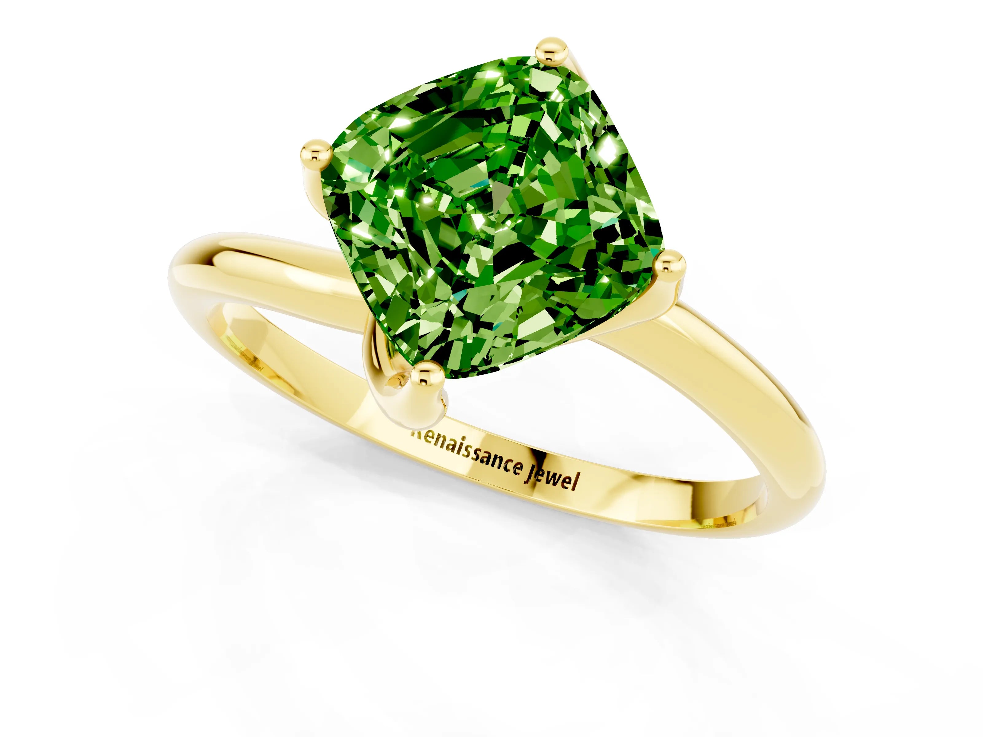Yellow gold Cushion Cut Peridot Solitaire Engagement Ring with Four-Prong Setting and Classic Band_13