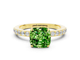 Yellow gold Cushion Cut Peridot Solitaire Engagement Ring with Pavé Band and Four-Prong Setting