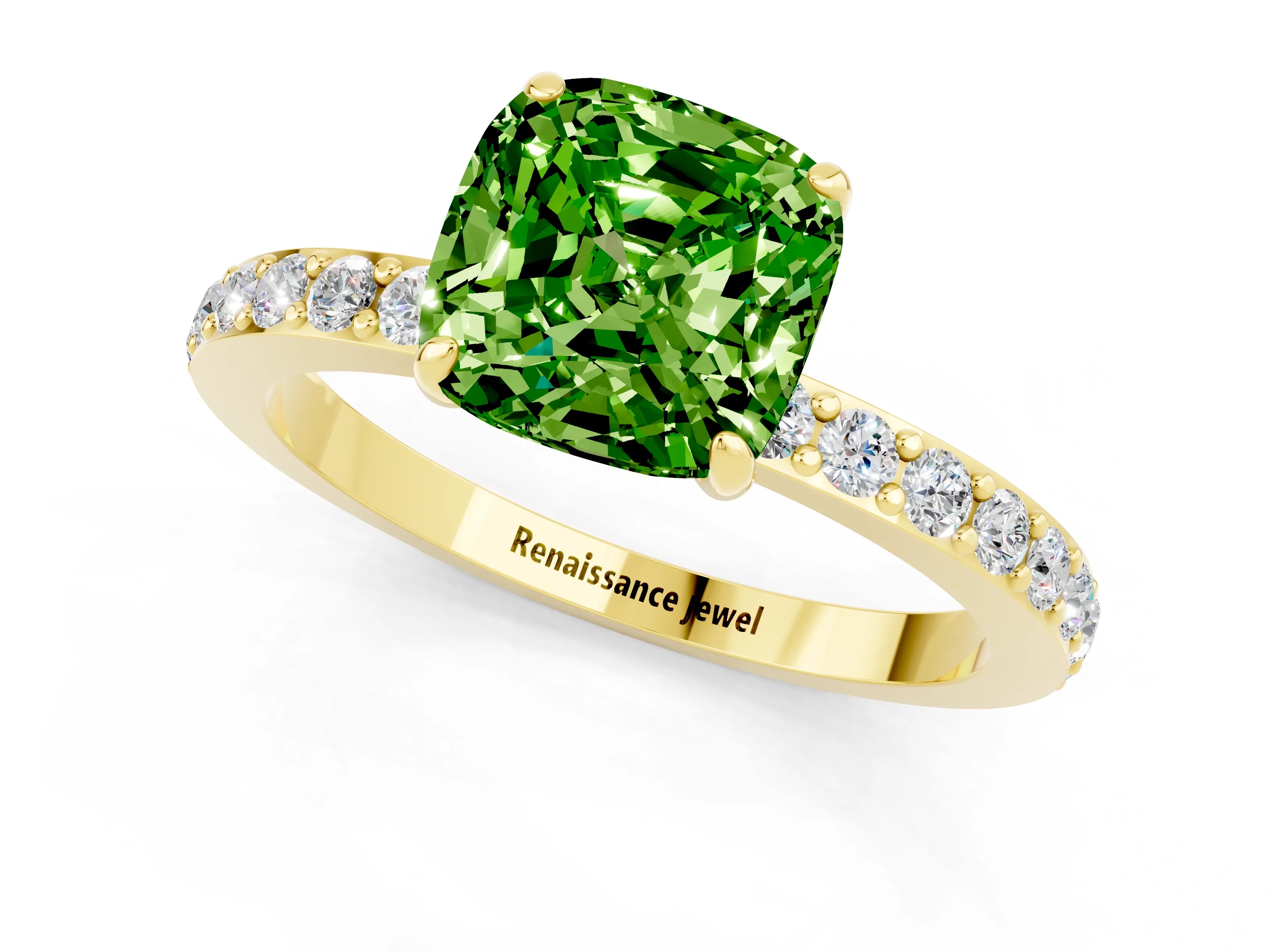 Yellow gold Cushion Cut Peridot Solitaire Engagement Ring with Pavé Band and Four-Prong Setting_1